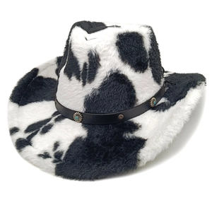 Cow Print Plush Cowboy Hat Western Faux Fur Wide Brim Retro Fedora With Studded Band Turquoise Detail Winter Warm