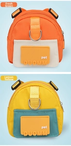 Detail of pet backpack harnesses in fresh green and lemon yellow with durable D-rings