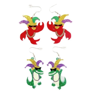 Sparkly acrylic Mardi Gras earrings featuring red lobster and green crocodile jester designs