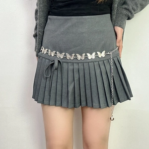Silver butterfly chain belt on gray pleated mini skirt for women school style outfit