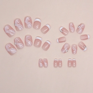 Pink French ballet press-on nails with white ribbons, rhinestones and pearls set