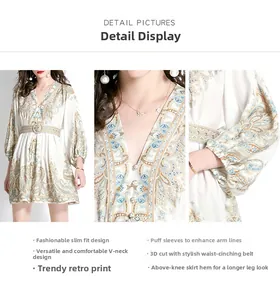 Detail view of V-neckline and puff sleeves on white paisley print mini dress
