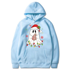 Light blue Christmas hoodie with festive ghost prints and kangaroo pocket on white background