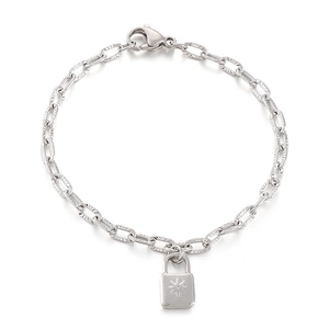 Silver stainless steel oval link bracelet with sunburst engraved padlock pendant