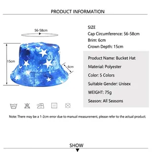 Retro starry sky tie-dye bucket hat with product dimensions and detailed specifications