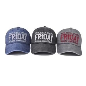 Vintage washed cotton baseball caps with Friday embroidery in blue, black, and grey