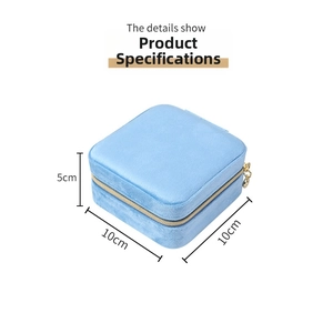 Sky blue velvet jewelry box 10x10x5cm dimensions with golden ring zipper closure