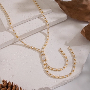Y-Shape Lariat Necklace 304 Stainless Steel 18K Gold Plated Rectangular Cubic Zirconia Tassel Tennis Chain For Women
