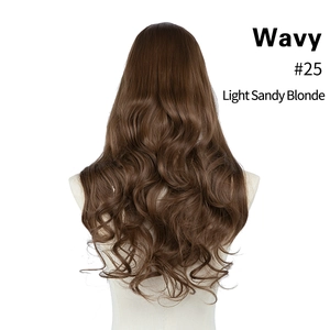 Back view of wavy long synthetic U-part hairpiece in light sandy blonde shade #25