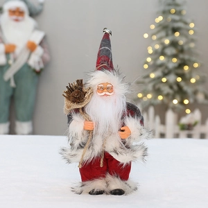 Standing Santa Claus doll in red grey plaid hat with faux fur trim for Christmas decor