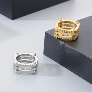 Punk style stainless steel gear ring with rhinestones in gold and silver finish