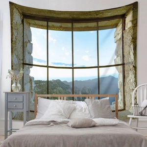 Detail of 3D window view tapestry showing realistic mountain landscape and blue sky scenery