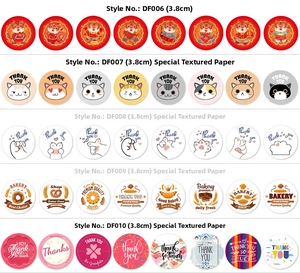 Detailed catalog of 3.8cm round Happy Birthday stickers with diverse artistic designs