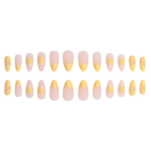 Long almond press-on nails with yellow floral patterns and French tip design