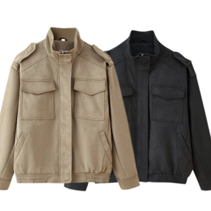 Fashionable suede texture jackets in khaki and black with stand collar and chest pockets