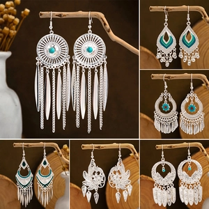 Boho Ethnic Tassel Dangle Earrings Vintage Hollow Out Jewelry With 925 Sterling Silver Earring Post For Women