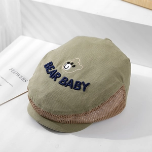 Detailed view of kids breathable mesh cap with bear baby embroidery in olive green