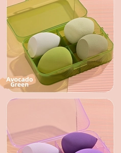Detail of soft makeup sponge sets in avocado green and purple with storage cases