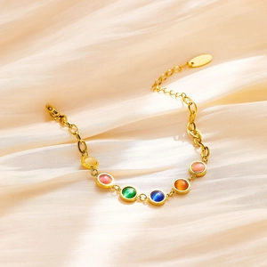 French vintage stainless steel gold bracelet with colorful cat-eye stones and adjustable chain