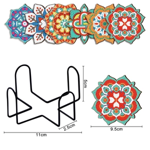 DIY mandala diamond painting coasters set with size labels and black metal storage rack