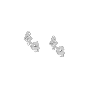 Macro detail of 925 silver stud earrings with square zircon and hallmark stamp