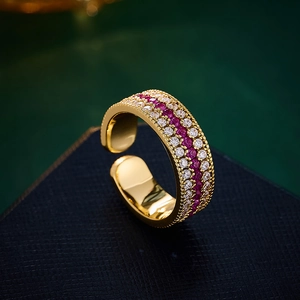 Exquisite gold-plated compass open ring featuring micro-set red and white cubic zirconia