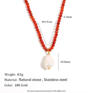 18K gold plated stainless steel necklace with red natural stones and baroque pearl pendant