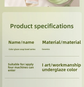 Detail of Morandi green ceramic soup bowl showing microwave and oven safe specifications