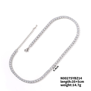 Detail view of silver zircon tennis necklace showing 0.4cm width and 35+5cm length specs