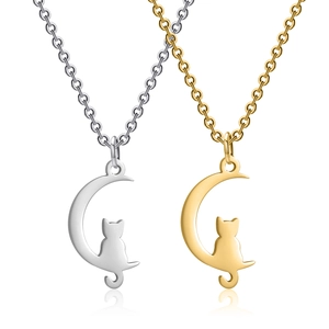 Minimalist Moon Cat Pendant Necklace Stainless Steel Polished Crescent Kitten Choker Jewelry For Women Fashion Accessory