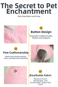 Close-up of pink dog fleece vest showing button closure and soft corduroy texture