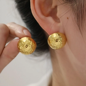 18K gold hammered geometric stud earrings with a minimalist semi-sphere design for women