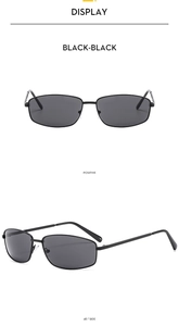 Front and side view of square black metal sunglasses with dark lenses and slim temples