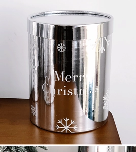 Vue détaillée d'une boîte de Noël argentée avec flocons et texte Merry Christmas blanc