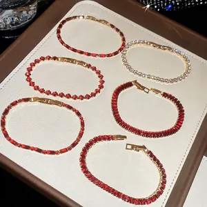 Exquisite 18k gold-plated tennis bracelets with ruby red and white crystal gemstones