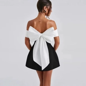 Women Strapless Mini Dress Elegant Polyester Satin Black And White Color Block Oversized Bow Backless Cocktail Wear