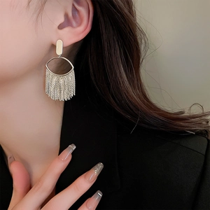 Close-up of silver oval stud earrings with long metal tassels worn by a model