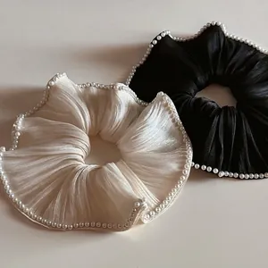 Elegant French Pleated Satin Hair Scrunchie With Faux Artificial Pearl Edge Vintage Elastic Hair Tie For Women Hair Accessory