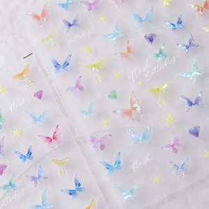 Iridescent 3D butterfly nail art stickers with laser glitter finish and star motifs