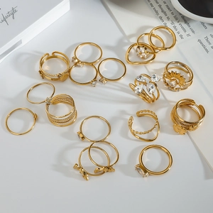 Gold titanium steel ring set with bohemian zirconia accents on white lifestyle background