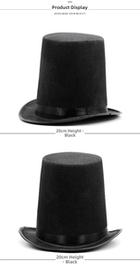Close-up of a 20cm high black top hat with satin ribbon for magicians and performers