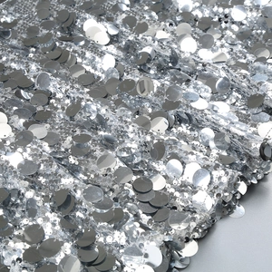 Detail of silver sequins and mesh fabric on a stylish bodycon dress with fringe