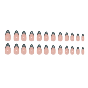 24-piece mist deep green French minimalist press-on nails with naked pink base