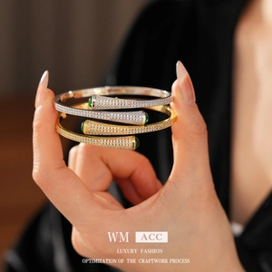 Bypass Open Bangle Bracelet Copper Full Paved Zircon With Green Resin Gemstones Luxury Fashion Vintage For Women