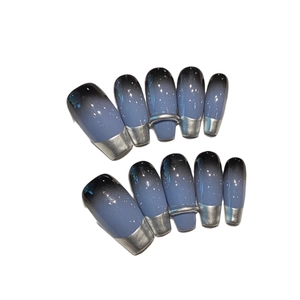 Blue-gray gradient press-on nails with silver French tips and 3D metallic rings