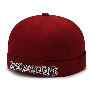 Streetwear burgundy brimless docker cap with white embroidery on twill cotton