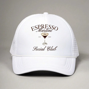 White Espresso Martini Social Club trucker hat with mesh back and decorative front rope