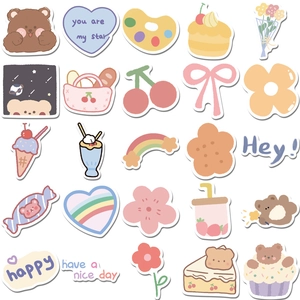 Detailed spread of cute waterproof cartoon stickers with bears, desserts and quotes
