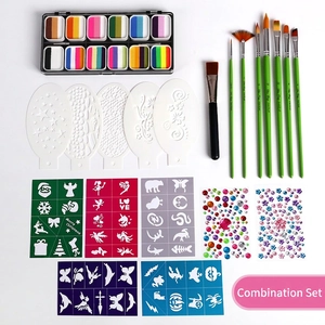 12-color water-based face and body paint kit with brushes, stencils and rhinestones