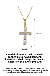 Detailed view of gold cross necklace with square cubic zirconia pendant dimensions